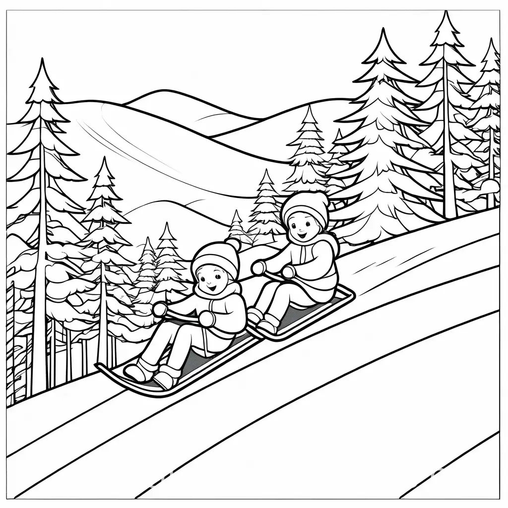 kids sledding down a hill, Coloring Page, black and white, line art, white background, Simplicity, Ample White Space. The background of the coloring page is plain white to make it easy for young children to color within the lines. The outlines of all the subjects are easy to distinguish, making it simple for kids to color without too much difficulty