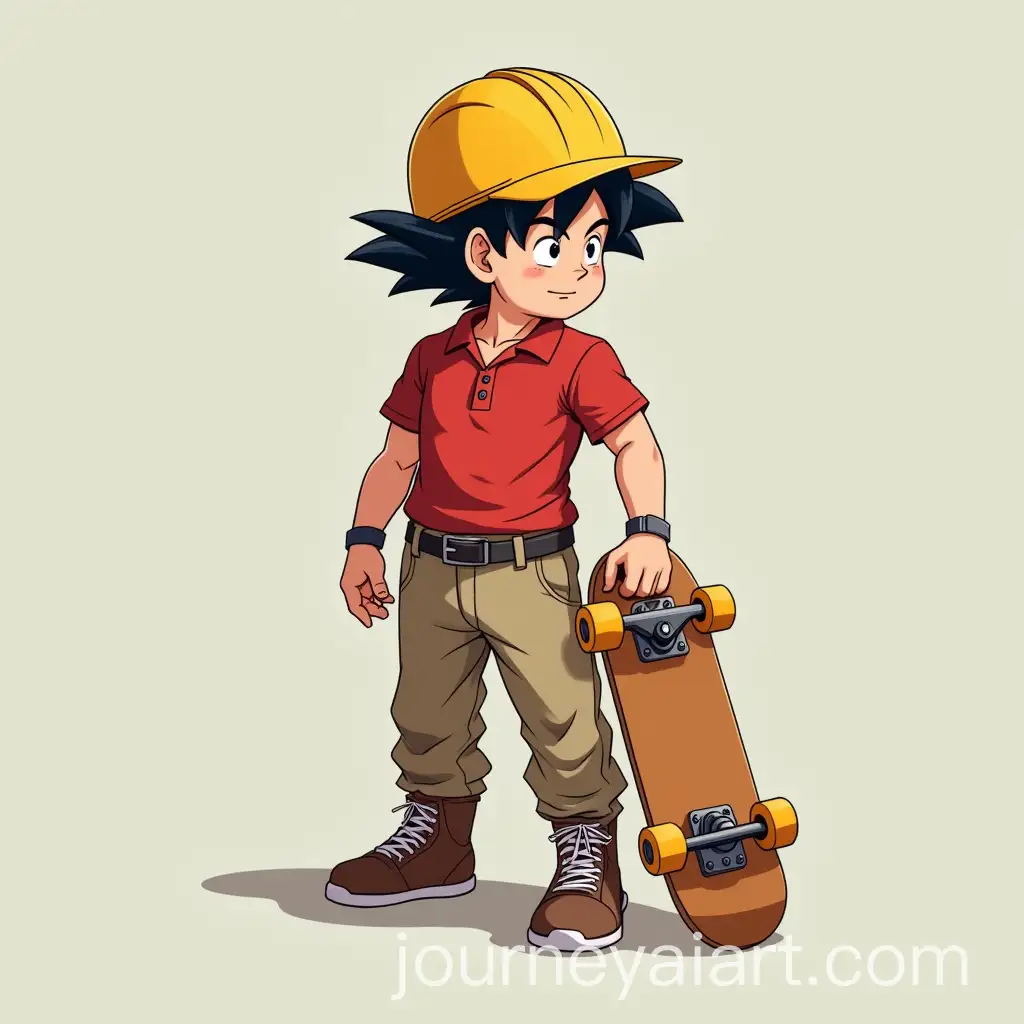 Goku-Wearing-a-Red-Polo-Shirt-Khaki-Pants-and-Yellow-Hard-Hat-with-Electric-Lifting-Skateboard