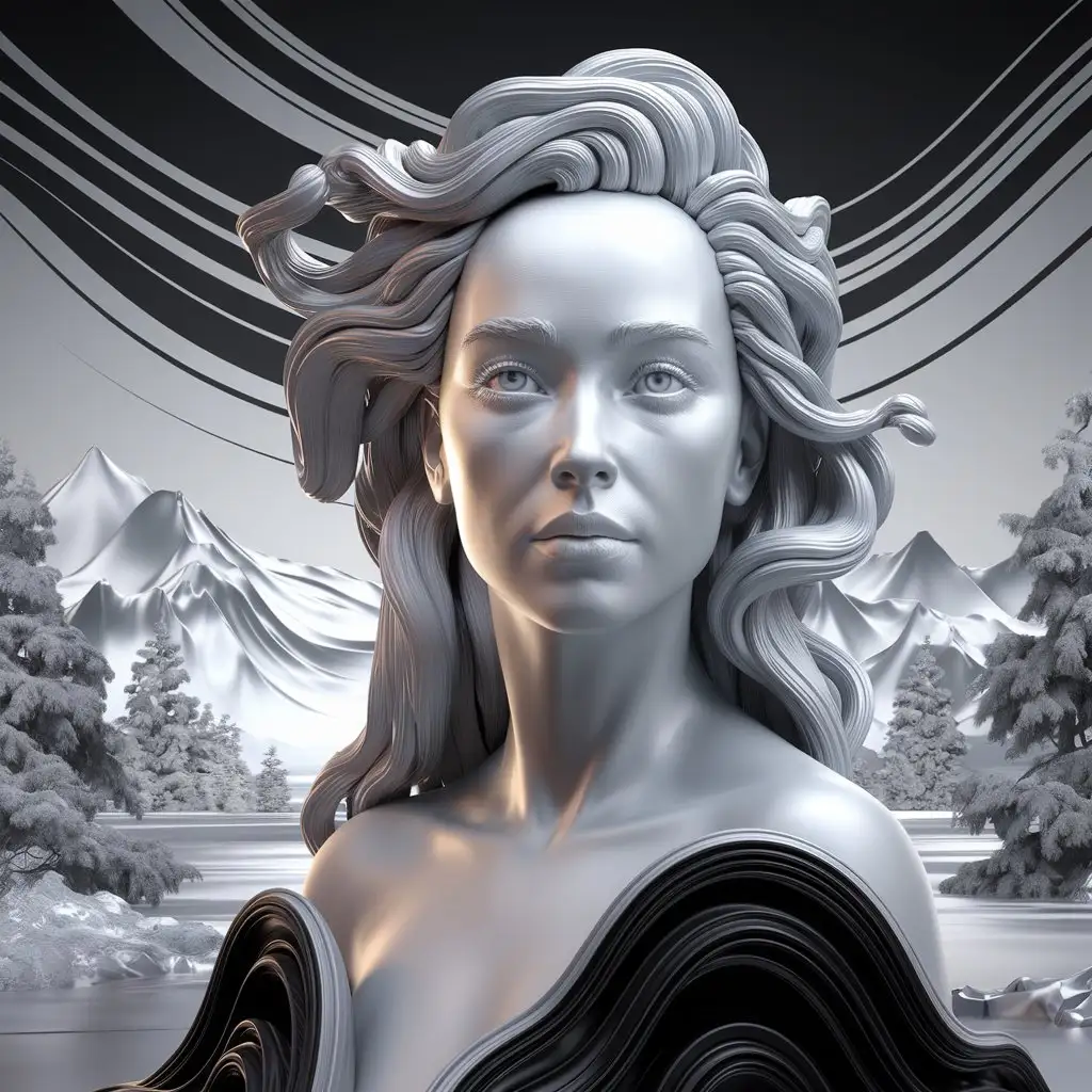 3D-Portrait-of-a-Beautiful-Woman-with-Linear-Lines-and-Fluid-Formations-in-Silver-and-Black