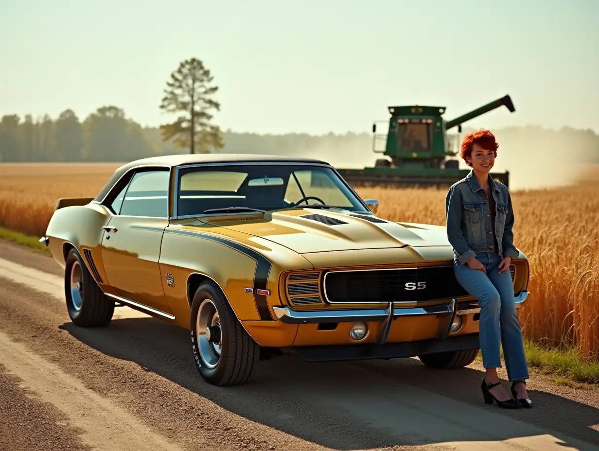 1969-Chevrolet-Camaro-on-Country-Road-with-Smiling-Woman-and-John-Deere-Combine-in-Background