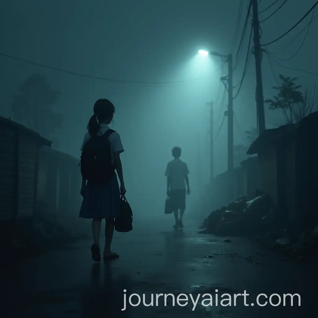 Eerie-Foggy-Village-Road-at-Night-with-Shadowy-Figure-and-Unsettling-Atmosphere