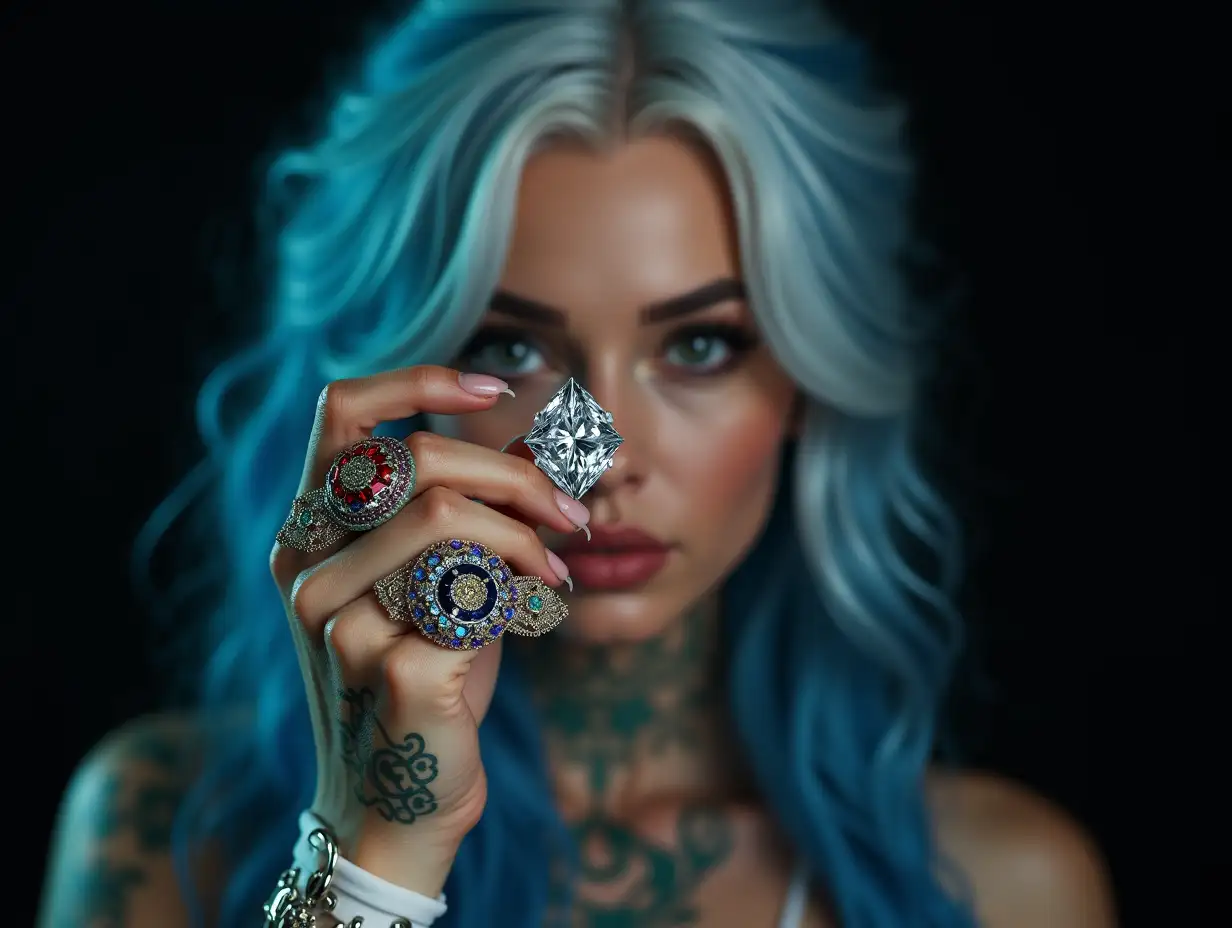 user_prompt: Hyperrealistic representation of a beautiful white woman with -tattoo, future long blue braided hair and laced boots, holding a diamond with intricately detailed, colorful and futuristic jewelry in her hand. Black background blurred 120-mm shot