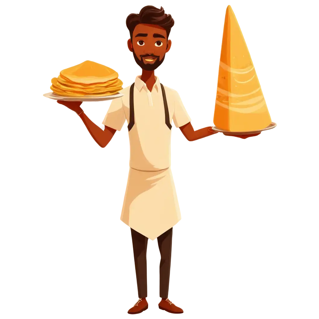 Vector-Cartoon-South-Indian-Style-PNG-Image-of-a-Waiter-Holding-a-Dosa