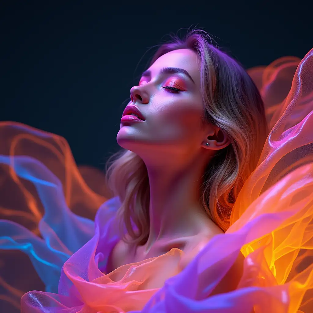 A futuristic, surreal portrait of a woman with a serene expression, surrounded by vibrant, flowing, silk-like textures in neon hues of orange, blue, purple, and yellow. The lighting is soft but dynamic, emphasizing her closed eyes, flawless skin, and artistic makeup. The background fades into a soft dark gradient, enhancing the ethereal, high-tech feel. The composition blends elements of fantasy and elegance with a sci-fi aesthetic.