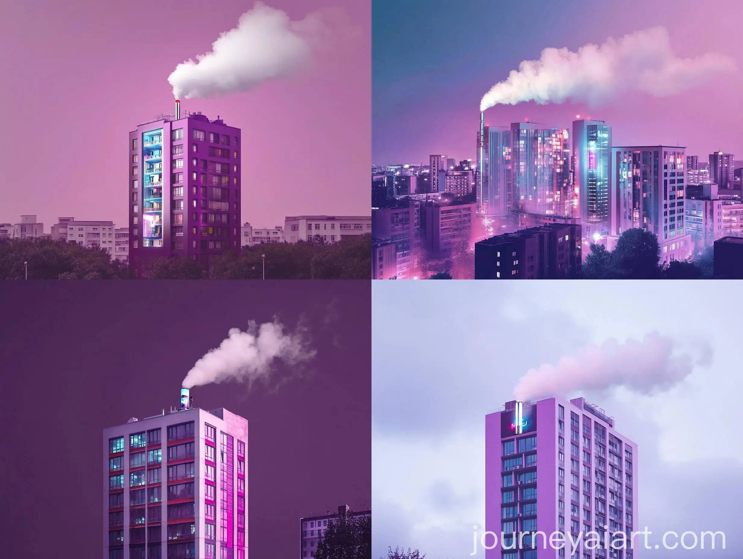 Electronic-CigaretteShaped-Purple-Building-Emitting-Vapor-Clouds