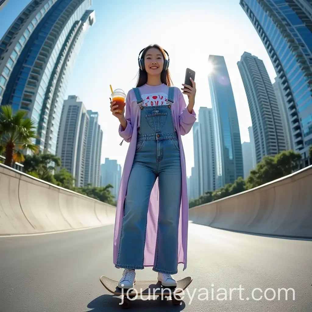 Young-Asian-Woman-Skateboarding-with-Boba-and-Phone-in-Urban-Setting
