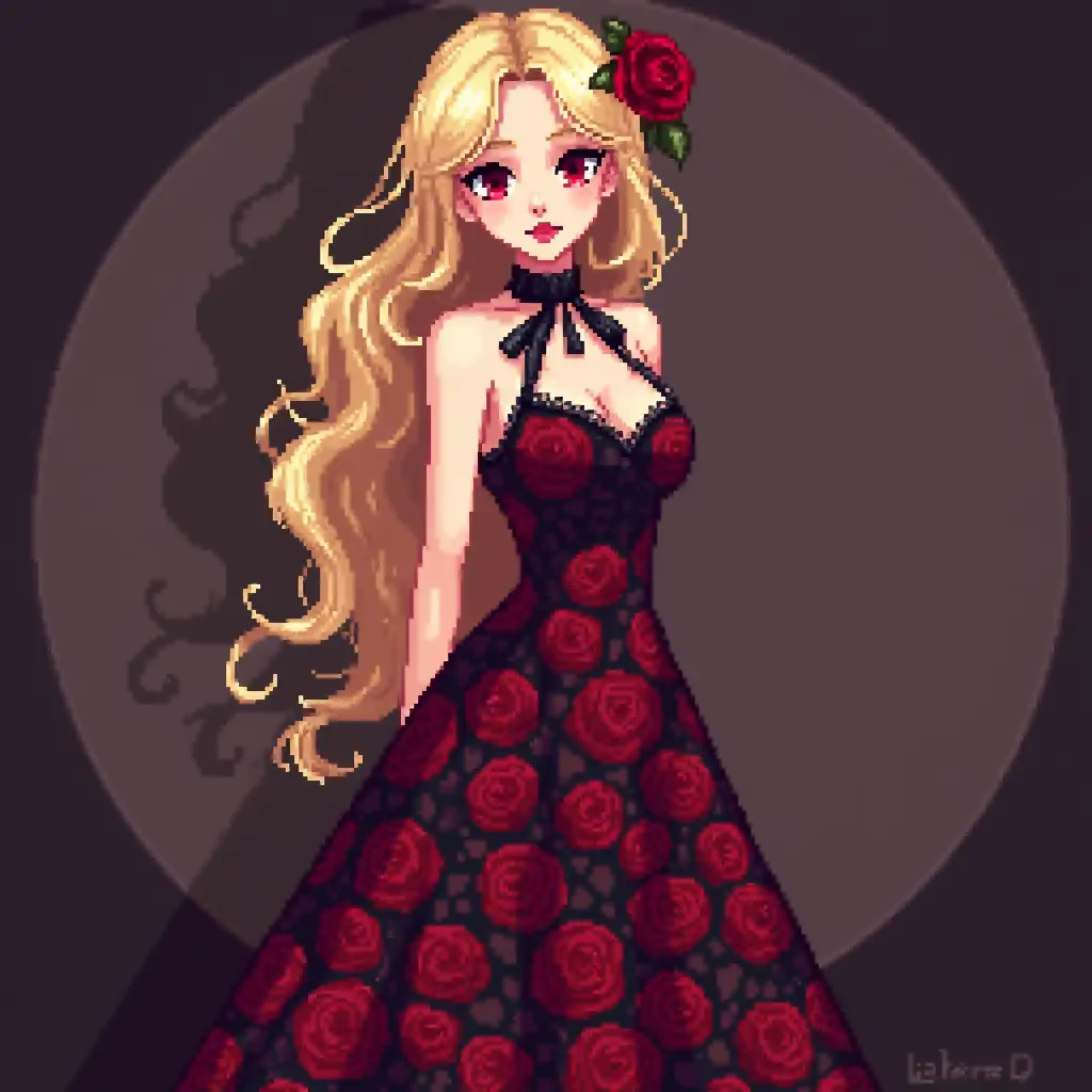 Pixel style, gothic rose halter dress for blonde girls