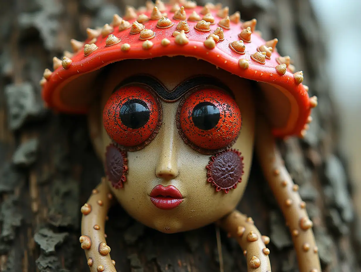 Face with brown Fly AgaricnRoots transformed into building