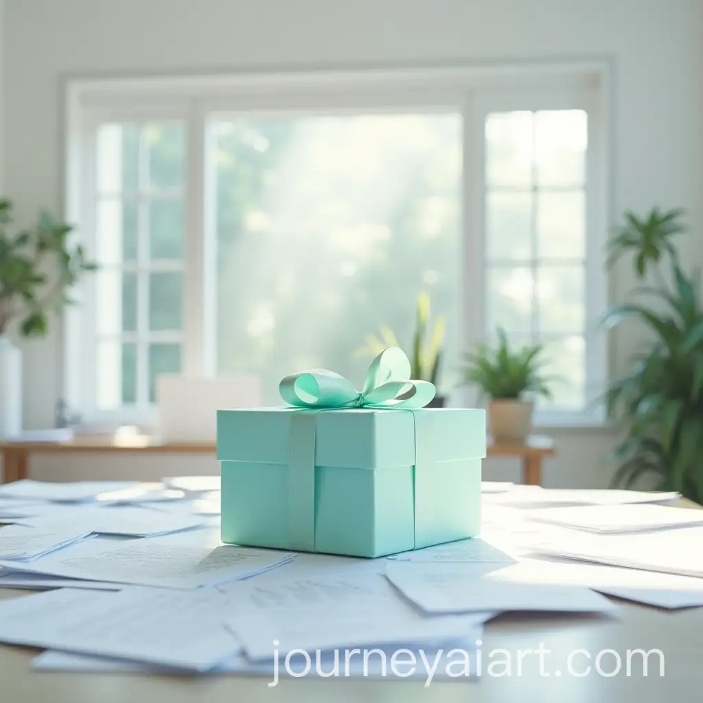 Chaotic-Modern-Office-with-Mint-Gift-Box-Amidst-Papers