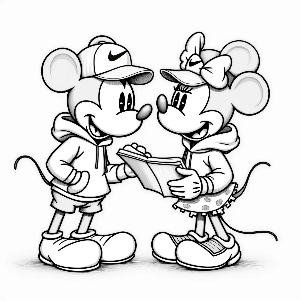 Draw color art Mickey Mouse and Minnie reading on the border in Nike hoodies and caps