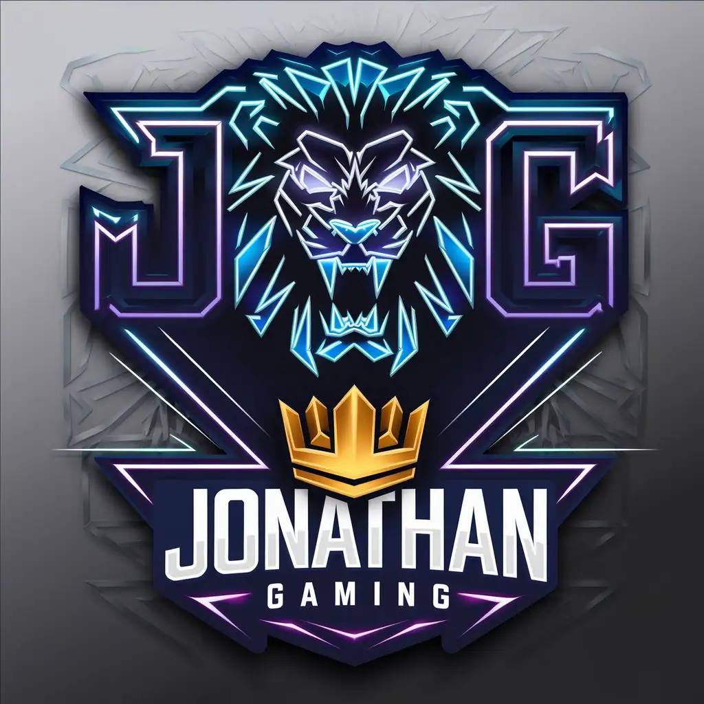 LOGO Design for Jonathan Gaming Fierce Neon Lion with 3D Gold Crown and Military Gaming Theme