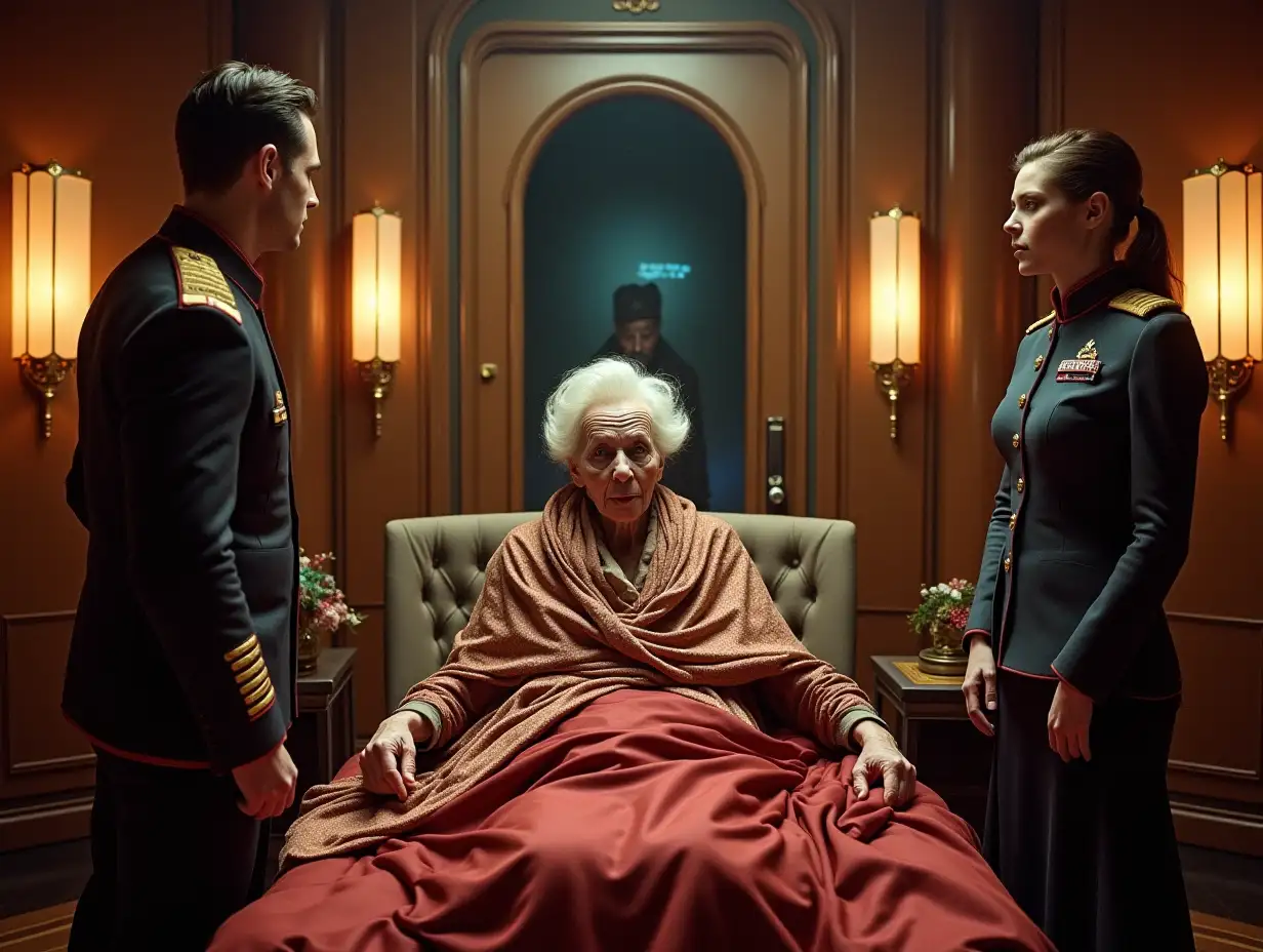 In a lavish bedroom on a starship sits an old woman, in bed shrunken with age but radiating authority. She is richly dressed -- the scarf over her thin hair is silk & she has fierce shrunken eyes. To either side of her bed stand the captain and and a female officer of the same age in a respectful manner.. In front of the door, a tall 19-year-old teenage boy dressed in rags stands defiantly.