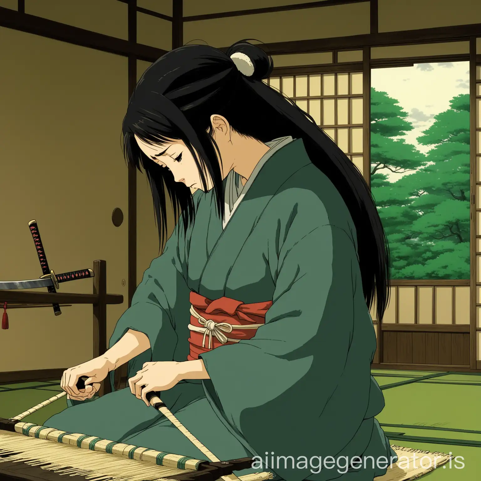 Generate an illustration in the artistic style of Studio Ghibli, showing an emotional and melancholic scene. The image should depict a downfallen samurai and his loyal wife in a moment of farewell. The samurai, with shoulder-length hair, a three-day beard, a dispirited and sad expression, his head bowed, wears worn-out armor and a katana at his side. His wife, gentle and elegant, has long black hair cascading down her shoulders and wears a long kimono in muted natural colors. She is weaving on a traditional wooden loom, with an expression of sorrow, tears gently flowing down her face. The background is a modest interior of a traditional Japanese house, with tatami mats and soft light filtering through shoji screens. The atmosphere should evoke simplicity, sadness, and tenderness, in a vibrant and detailed visual style, characteristic of Ghibli films.