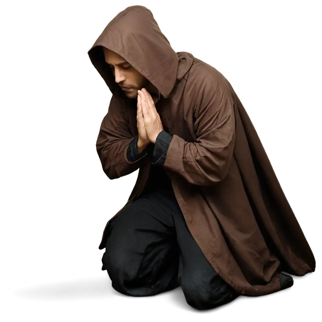 Hooded-Medieval-Man-Praying-on-Knees-PNG-HighQuality-Image-for-Creative-Use