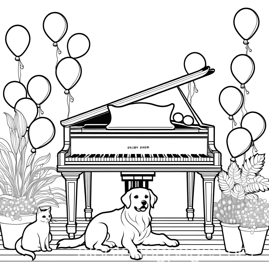 Pets-with-Balloons-and-Plants-Coloring-Page