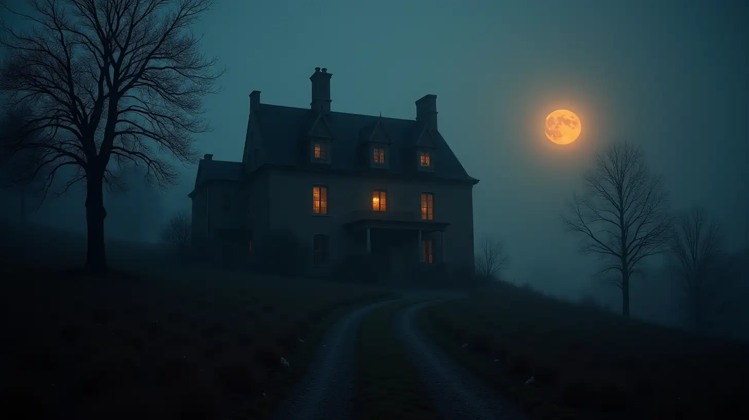 Haunted HalfRuined Manor on a Hill Under Dark Night Sky