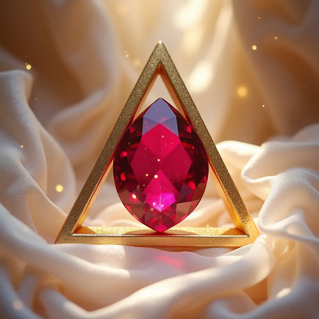 Large DiamondShaped Ruby Encased in Gold with Flowing Sheer Fabric in a Celestial Crystal Room