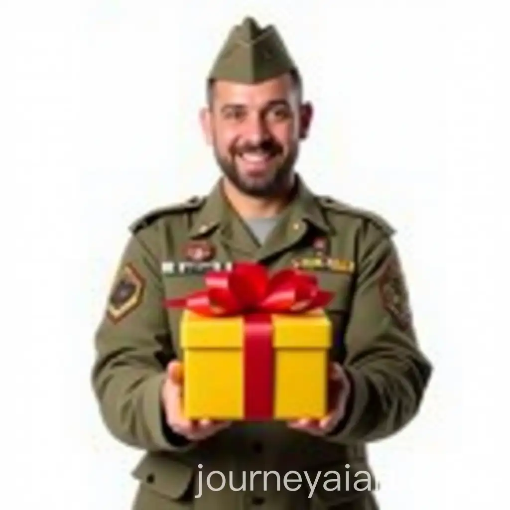 Military-Man-Holding-Gift-Box-with-Red-Bows-on-White-Background