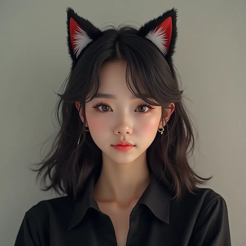 an asian woman wearing cat ears and a black shirt posing for a photo in, Sim Sa-jeong, a picture, instagram, ulzzang, lariennechan, korean face features, she is korean, 3d, Pixa, c4d