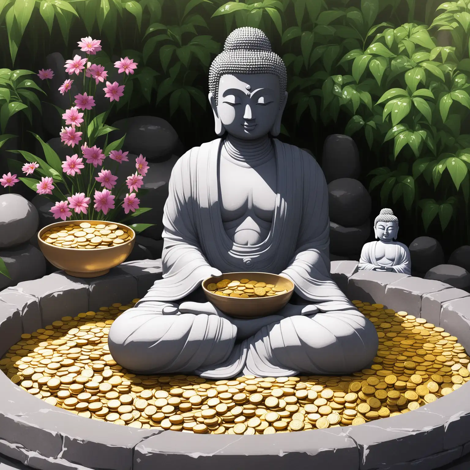 Stone-Buddha-Statue-with-Flowers-and-Donation-Bowl