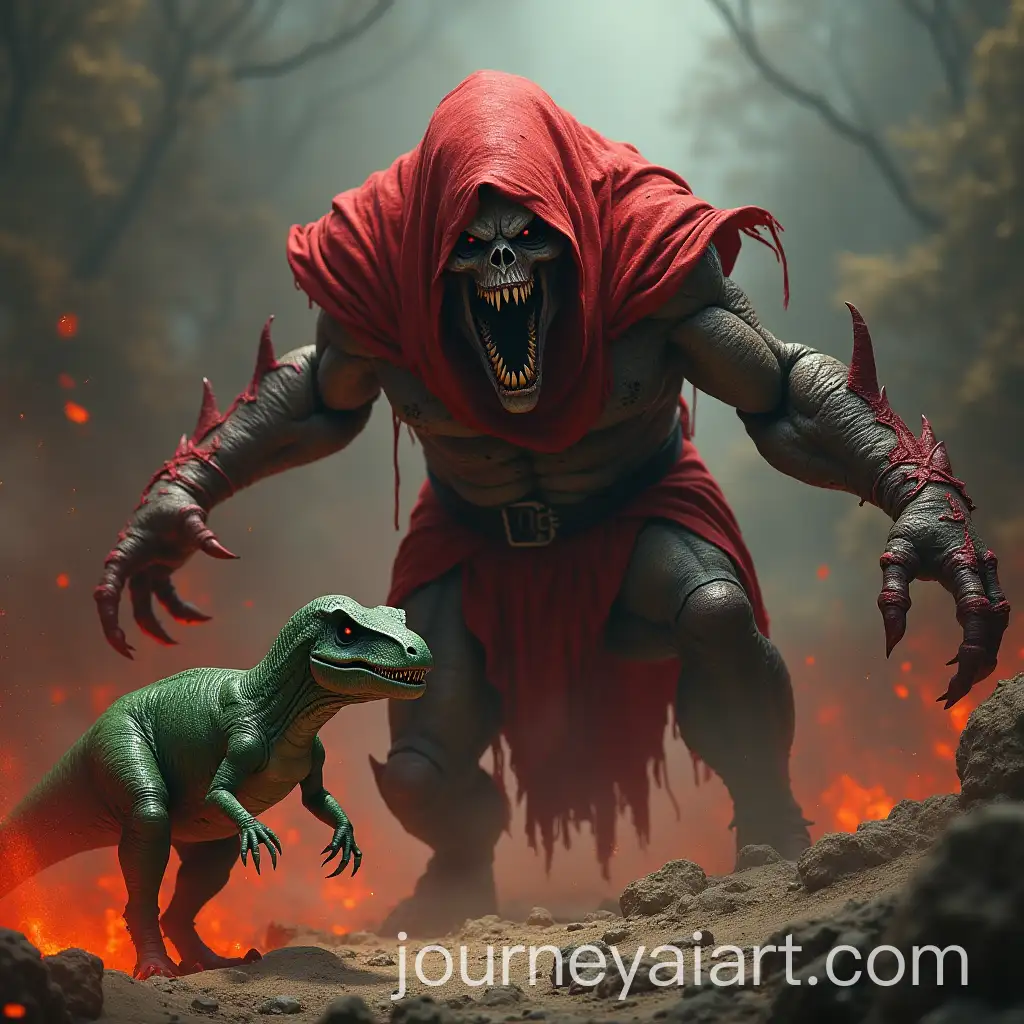 Terrifying-Red-Reaper-Confronts-Green-Dinosaur-in-Hellish-Setting