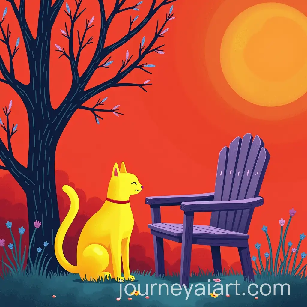 Yellow-Cat-on-a-Purple-Chair-in-a-Vibrant-Nature-Setting-with-Red-Background