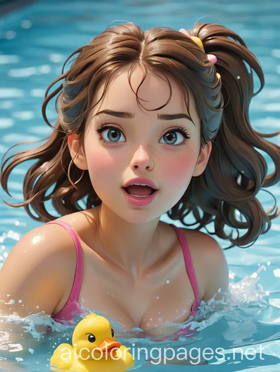 Anime-Drawing-of-High-School-Girl-with-Puffy-Cheeks-and-Pink-Lips-Covered-Decolletage-Two-Flying-Yellow-Ponytails-Summer-Pool-Scene-with-Plastic-Duck