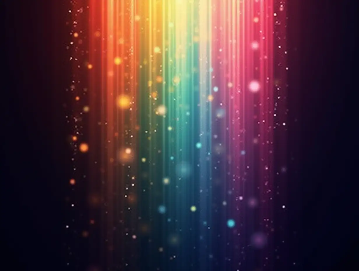 Vertical rainbow gradient, shimmering glowing light streaks cascading down. Varied intensity, smooth rainbow spectrum transition. Tiny sparkling particles, luminous effect. Dark deep background. Impressionistic, dynamic energy, light. Movement, energy, joy, celebration. Shimmering glowing particle trails, vibrant rainbow gradient.