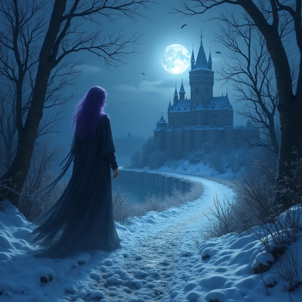 In a realm of silver, where moonlight reignsnA queen of shadows weaves her mystic chainsnThe palace in the background shines with icy gleamnHer eyes are stars, her hair is purplenShe walks alone, her footsteps coldnMoonlit skynThe moon above, a glowing crescent shapenIlluminates her path, through the darkening escape