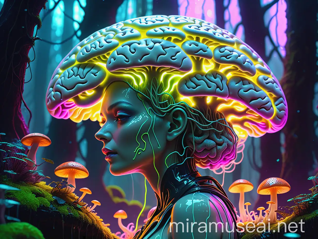 Futuristic Fantasy Artwork Human BrainShaped Fungi Kingdom Queen in Neon Glow