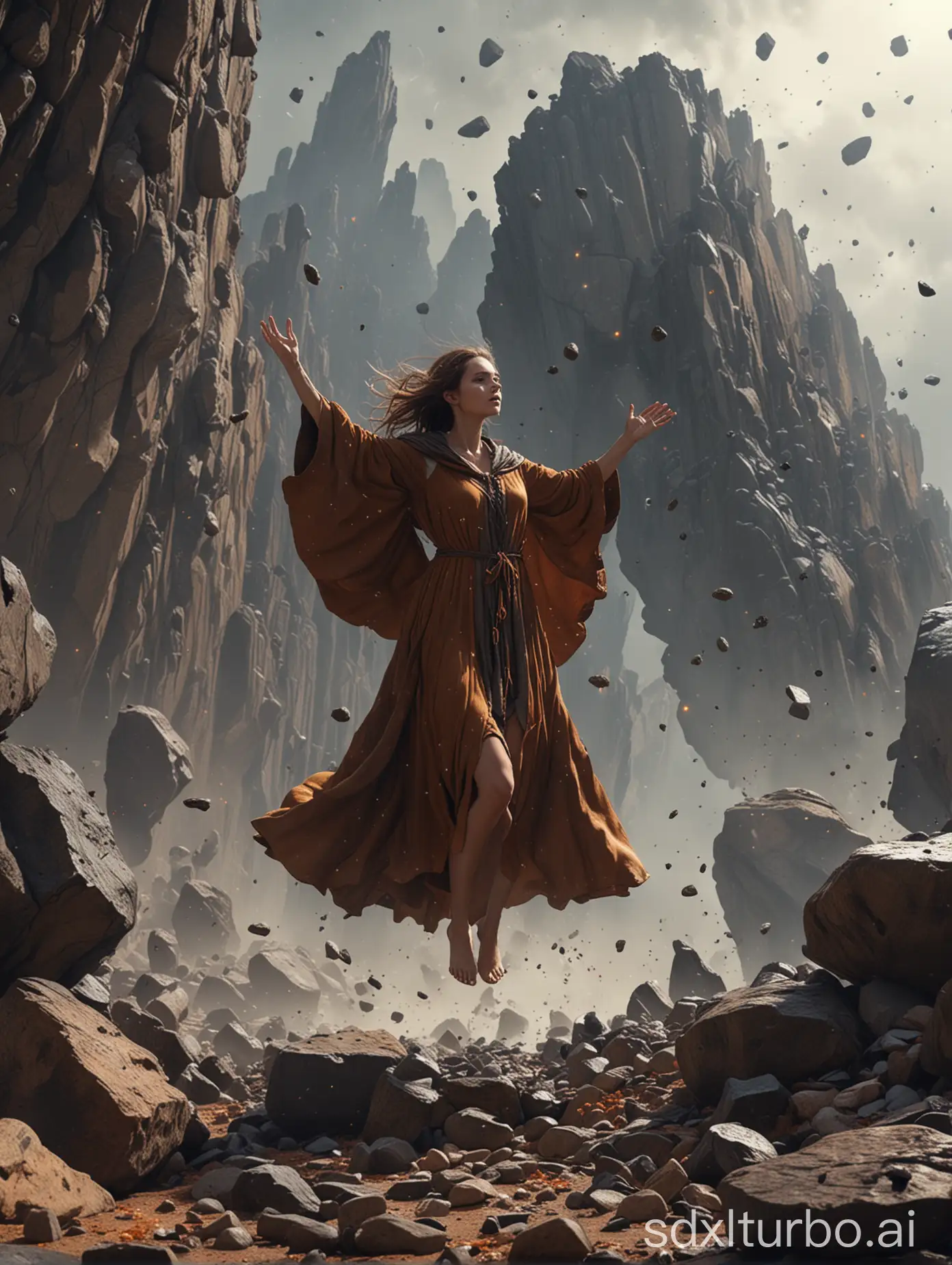 Female-Barefoot-Summoner-Levitating-in-Asteroid-Field-with-Brown-Braided-Hair-and-Floating-Debris