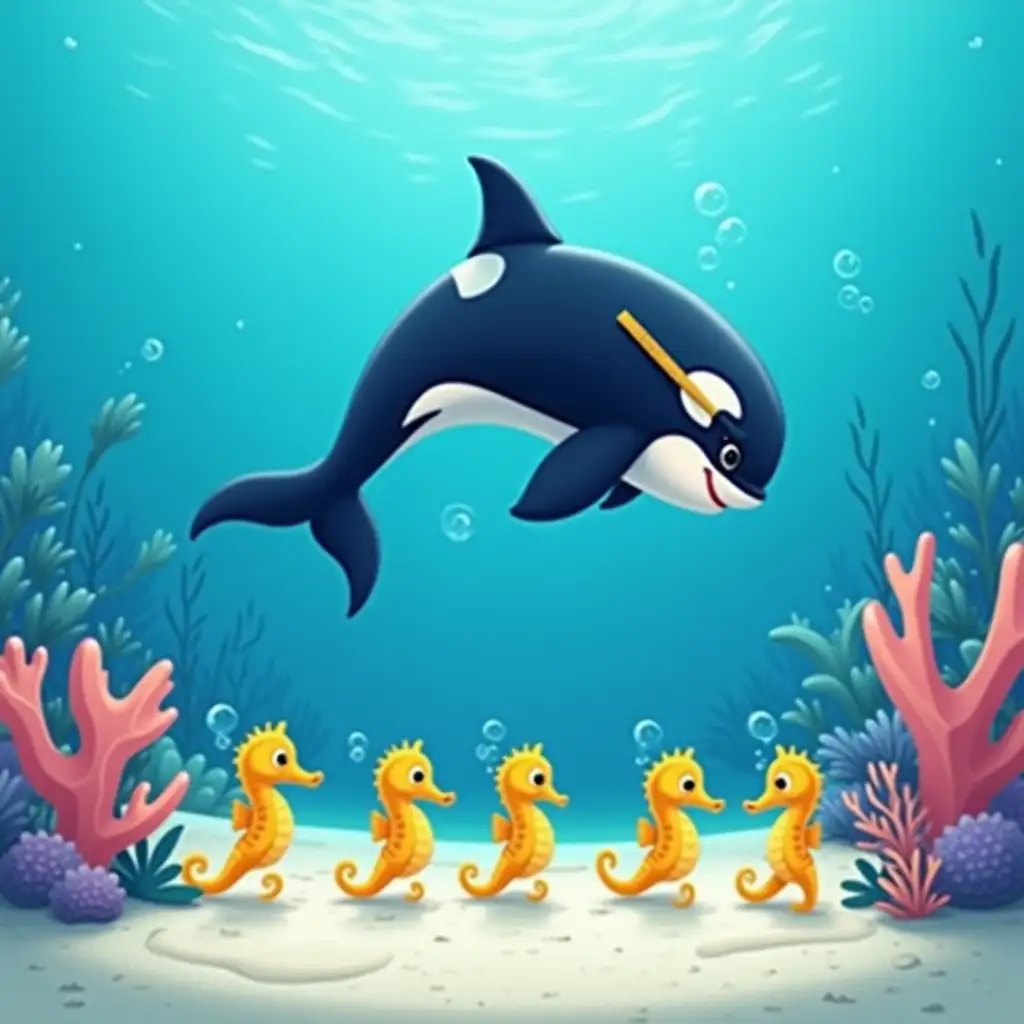 happy baby orca swimming above white sand sea floor, wearing diver's mask, counting five yellow smiling sea horses holding on to coral formations with their tails, ocean blue background with bubbles