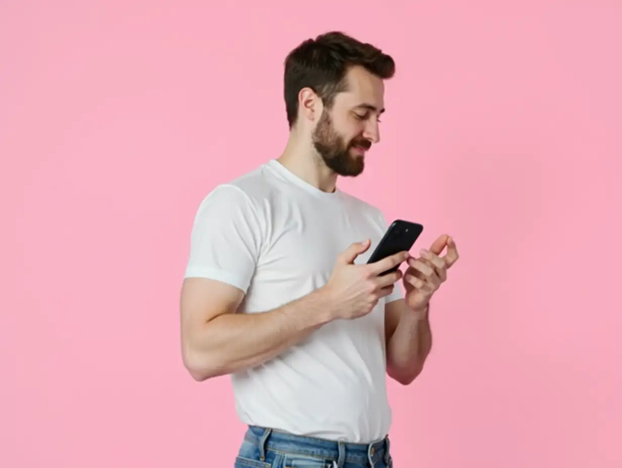 Young-Man-Walking-and-Using-Smartphone-Isolated-on-Pink-Background