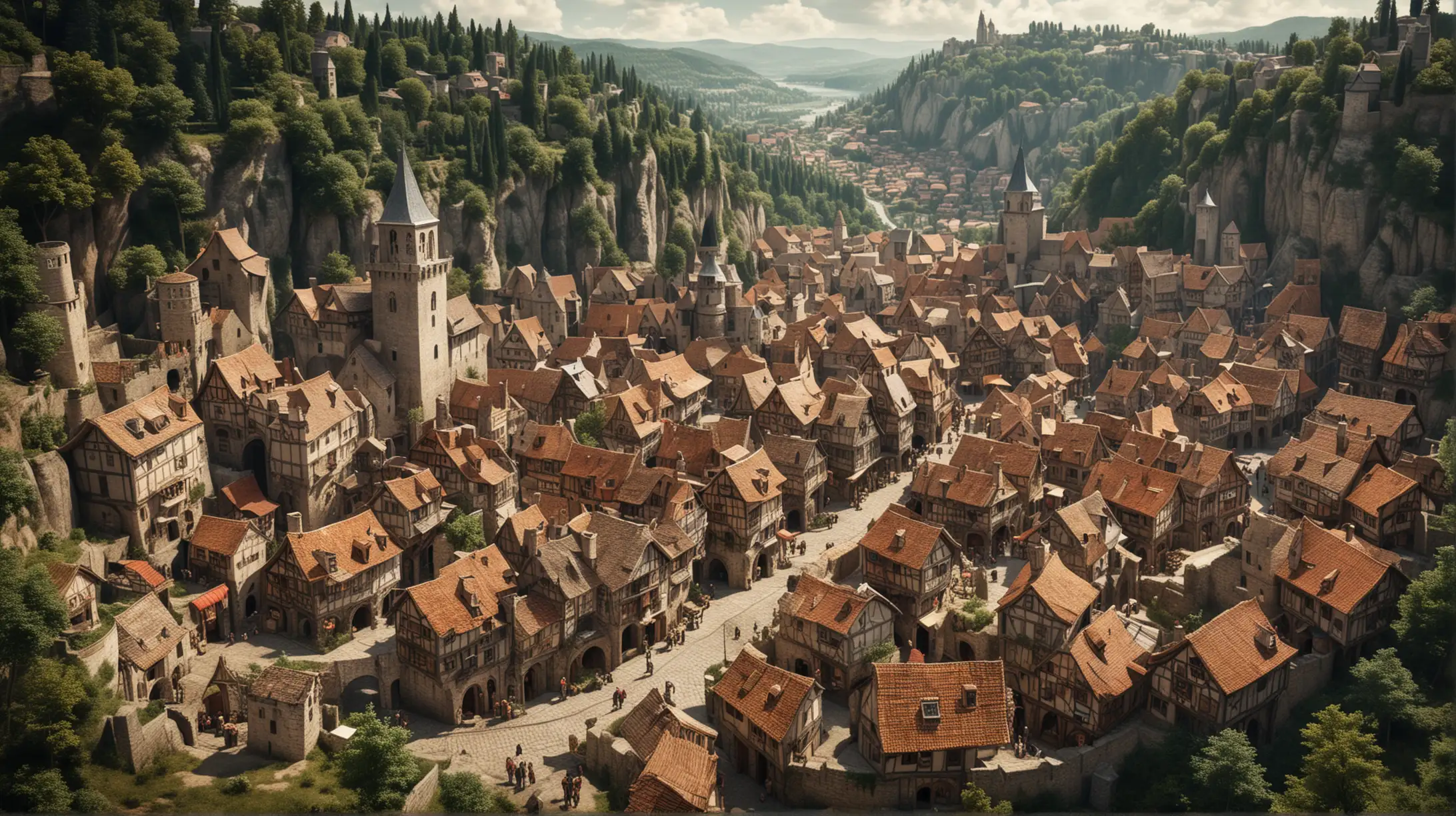 Medieval Trading City with Round Layout and Surrounding Forest