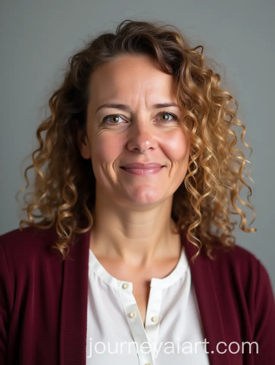 MiddleAged-European-Woman-with-Dark-Blonde-Curls-and-Dark-Red-Jacket