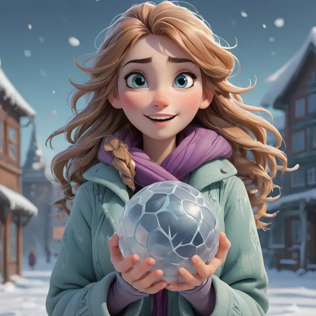 Cartoon-of-a-Beautiful-Happy-Woman-Holding-a-Ball-in-the-Cold