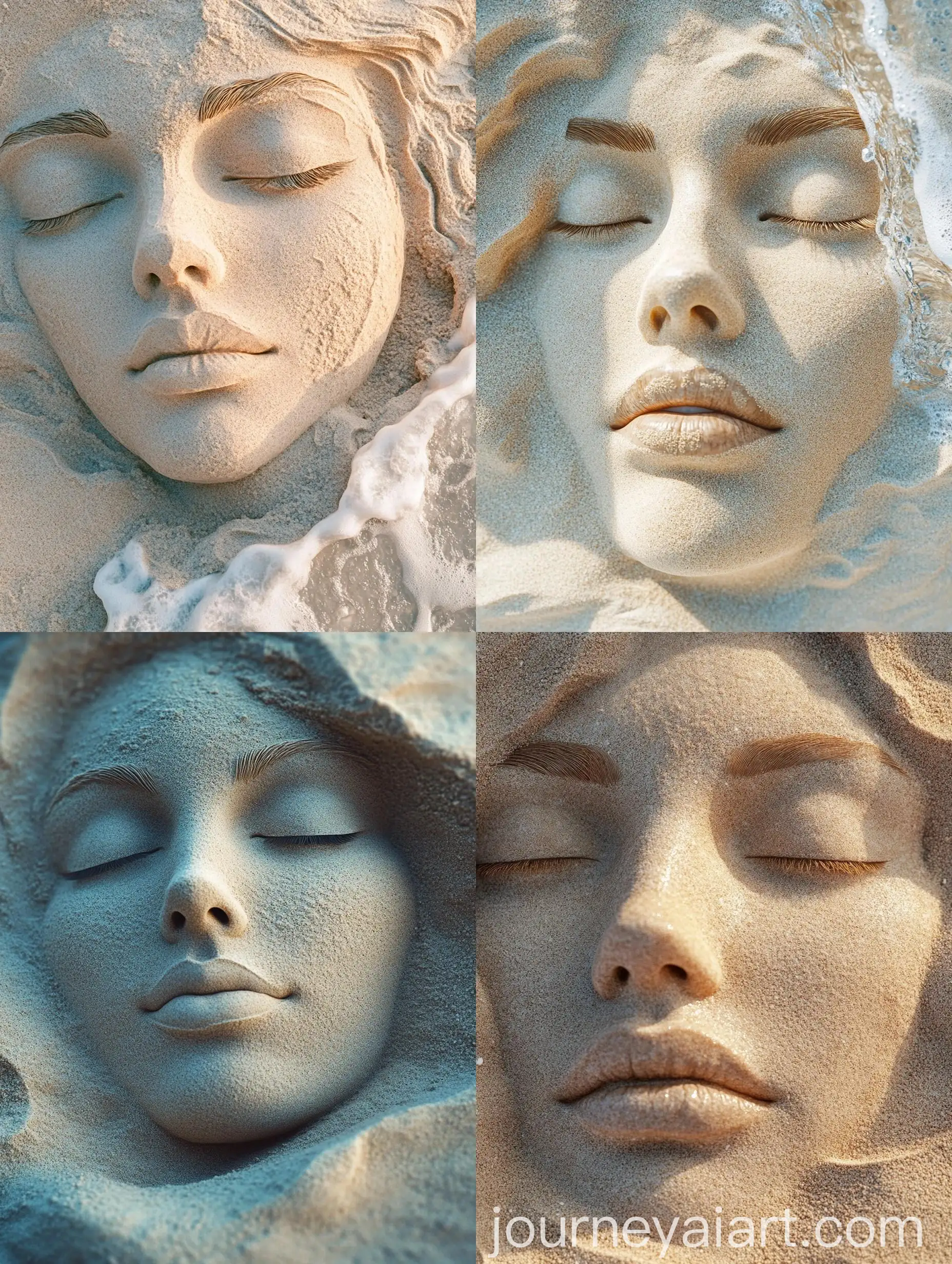 Sculpted-Womans-Face-in-Beige-Sand-with-Blue-Wave-Detail