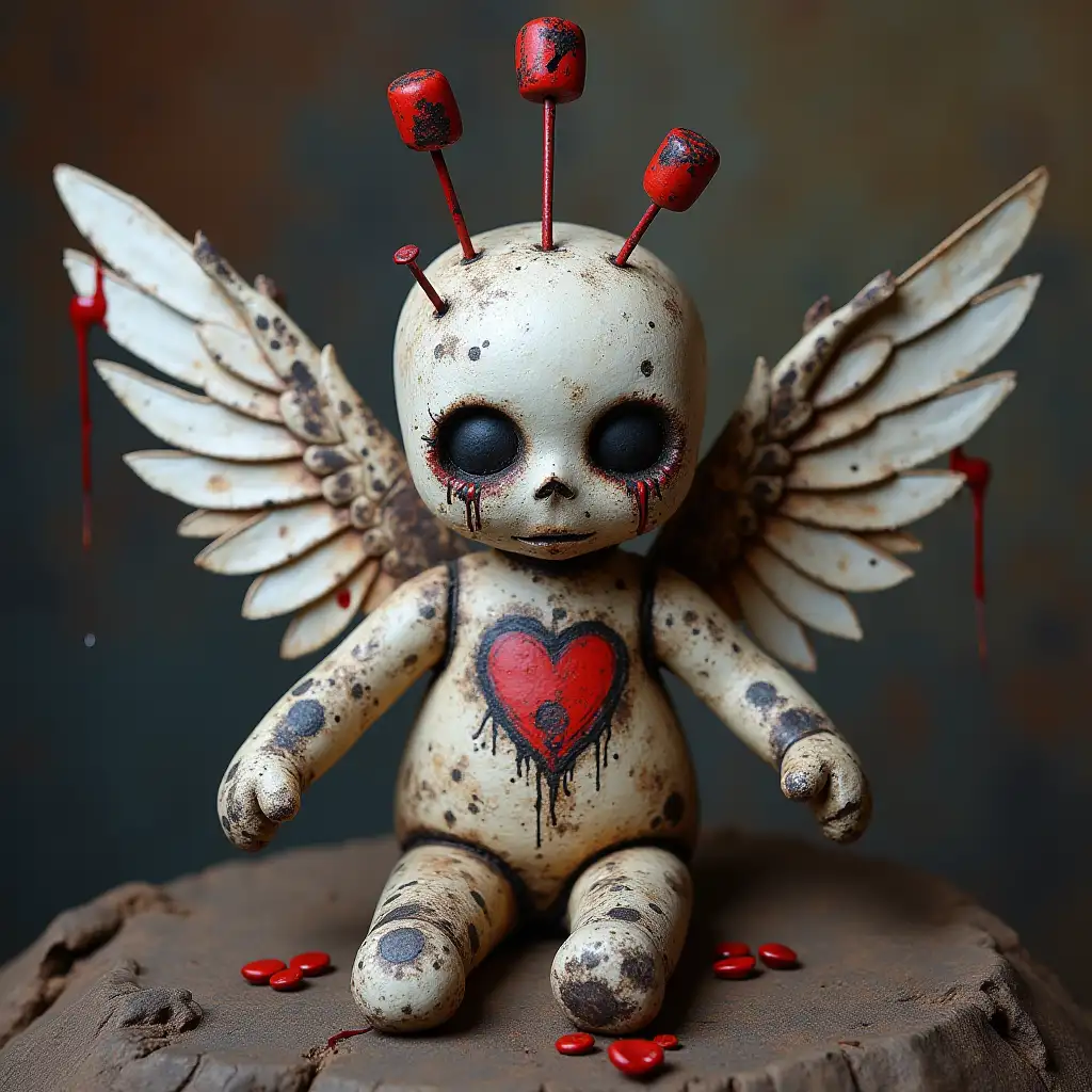 graffiti style voodoo doll with angel wings 3 pins sticking out of the top of the head