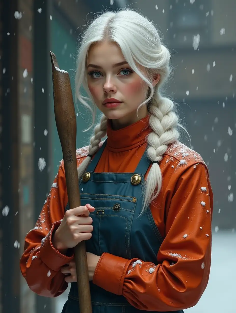 This realistic photograph reveals a elegant woman with white hair in her work uniform, holding a set of work tools. Is snowing. The image is exceptionally high-quality, with sharp details and vibrant colors that truly bring the subject to life. This mesmerizing image conveys her beauty and strength, making her appear both fragile and powerful. The scene comes alive with vibrant colors and intricate details, creating a realistic and captivating painting that exudes a sense of grace and hard work. Every stroke and color choice enhances the intricate depiction of this captivating subject, demonstrating the artist’s skill and dedication to his craft.