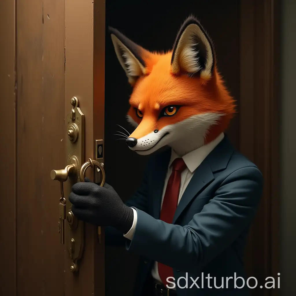 Sly-Fox-in-Business-Suit-Holding-Key-and-Locking-Door