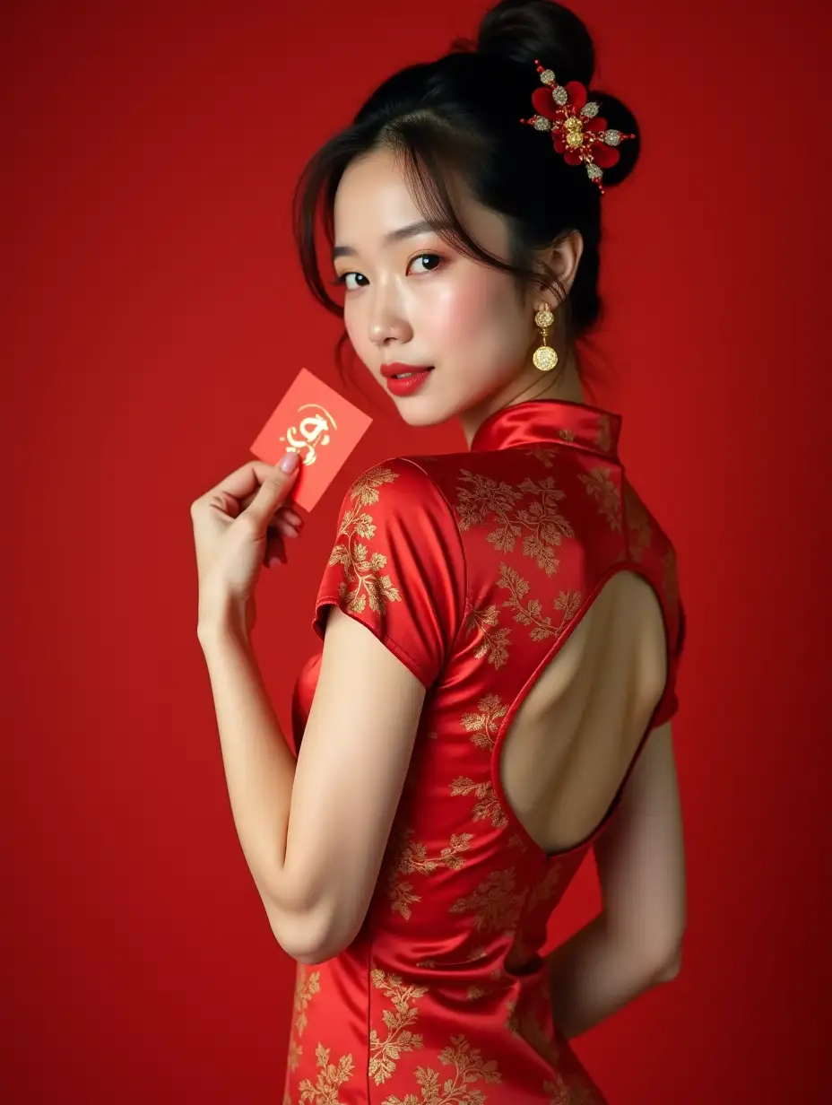 Confident-Young-Woman-in-Chic-Scarlet-Qipao-with-Snake-Year-Red-Envelope