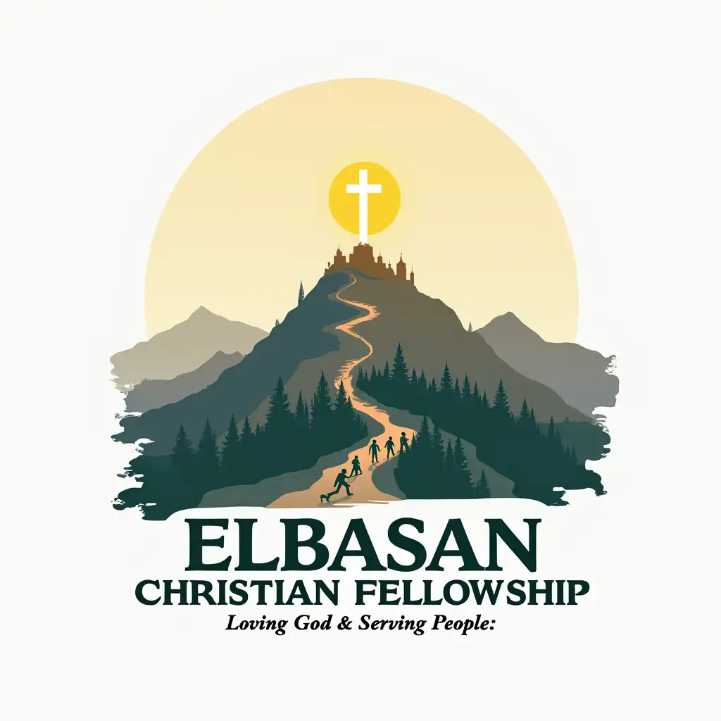 please create a logo for Elbasan Christian Fellowship with these elements : The light of the world, a cross, a city on a mountaintop. many people of all ages young and old moving towards the mountain. The Moto underneath : Loving God & Serving People