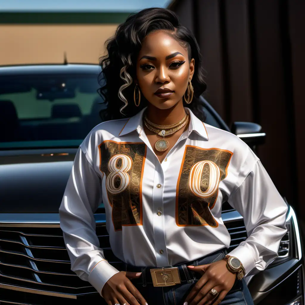 Medium Skin Tone Woman in Benin Shirt with Cadillac CT5V Blackwing Cars