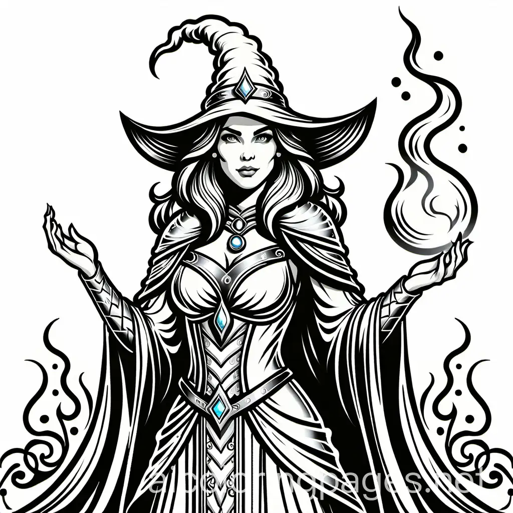 SORCERESS, fantasy, female, beautiful, wizard, Coloring Page, black and white, line art, white background, Simplicity, Ample White Space