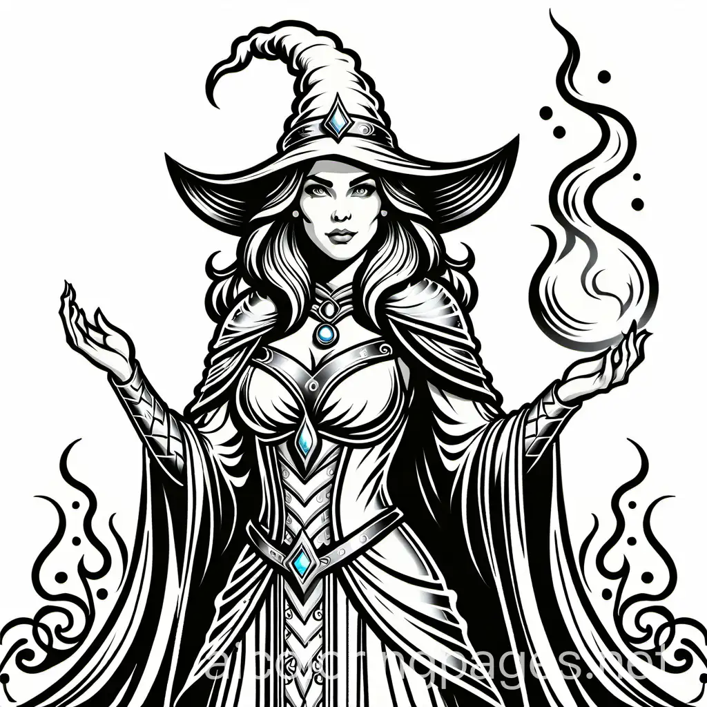 Beautiful-Sorceress-Fantasy-Coloring-Page-in-Line-Art-Style