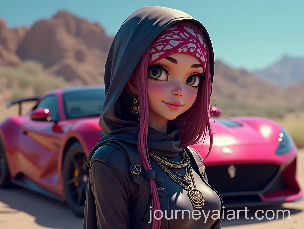 Female-Character-in-Hijab-with-Bandana-and-Supercar-in-Squid-Game-Style