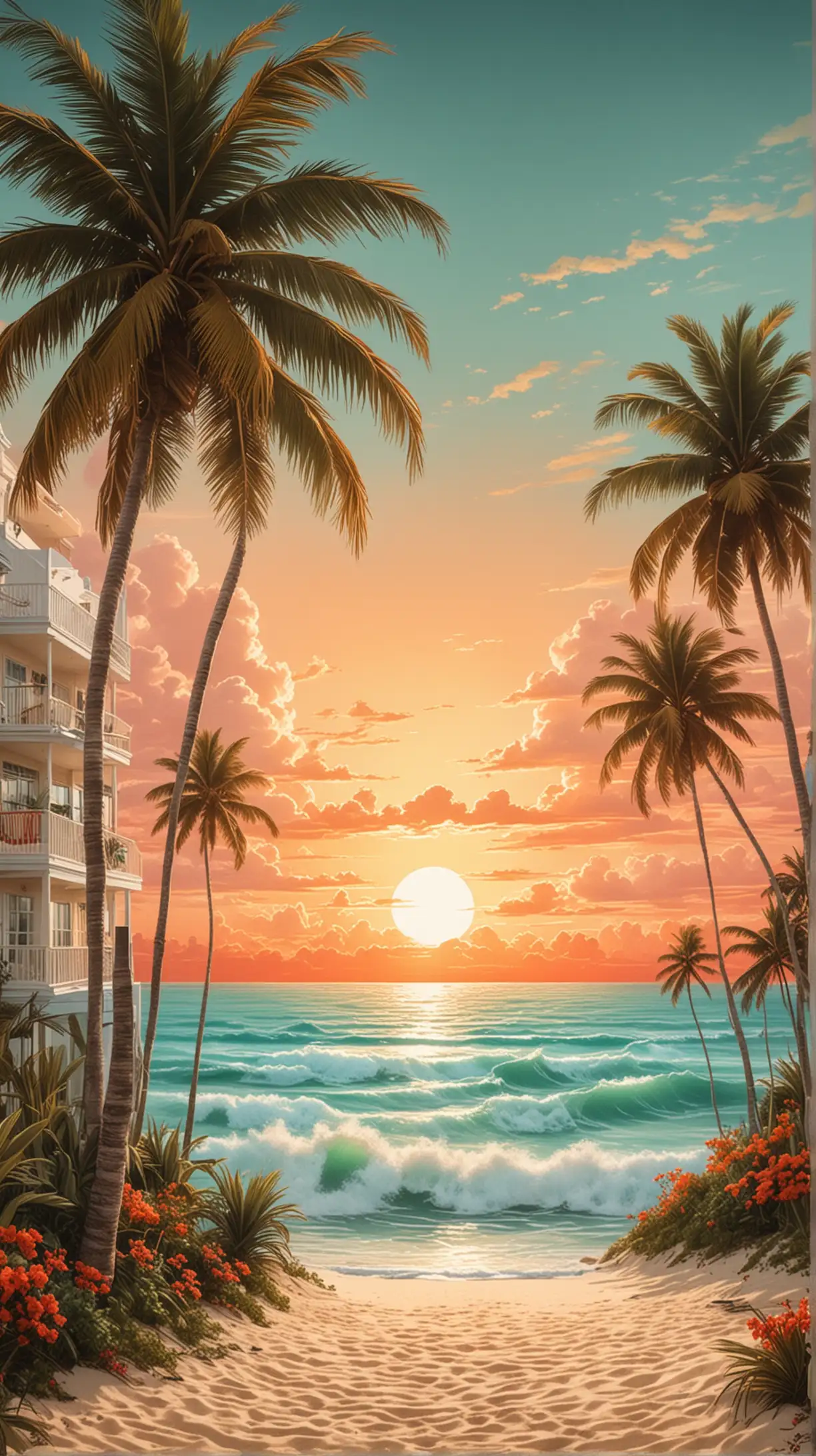 Create a beach scene featuring Miami Beach and Miami with a warm color palette evoking tropical sunsets and ocean vibes. Art Deco. Incorporate iconic elements representing Wynwood, Downtown Miami, Little Havana, and South Beach, blending cultural and architectural highlights from each area. Include references to the beach, such as palm trees, sandy shores, or ocean waves, to tie the theme together seamlessly