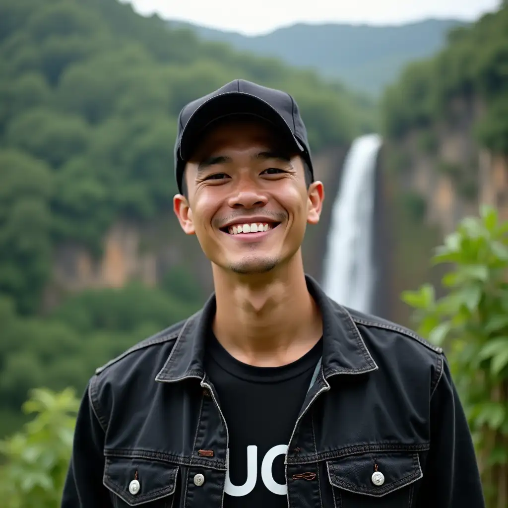 Kindly-Smiling-Indonesian-Man-in-Black-Outfit-Amidst-Forest-and-Waterfall