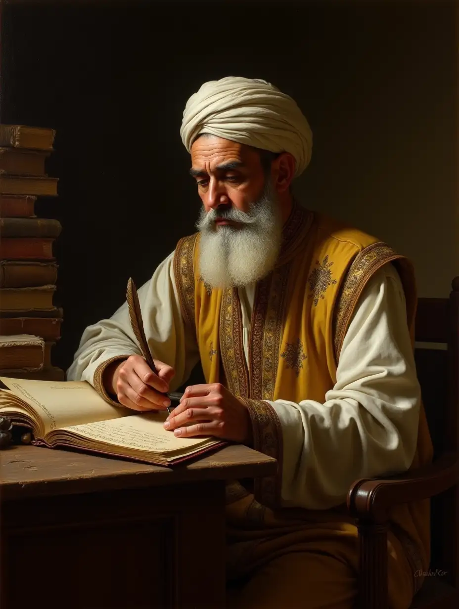 A realistic oil painting of a classic Kurdish poet, Mahwi (1836-1906), sitting at a wooden desk in a dimly lit, scholarly environment. He wears a traditional Kurdish outfit, consisting of a long embroidered robe and a turban in shades of white, yellow, and brown, symbolizing his high status as a philosopher and poet. His face carries a deep, contemplative expression with a full white beard, intense and thoughtful eyes reflecting wisdom and spirituality. He holds a quill pen in his hand, writing in an open ancient manuscript, with a collection of old books stacked behind him, emphasizing his scholarly nature. The scene is illuminated by soft, warm light, creating a mystical and introspective atmosphere, reinforcing his identity as a Sufi poet deeply engaged in philosophical and literary pursuits.