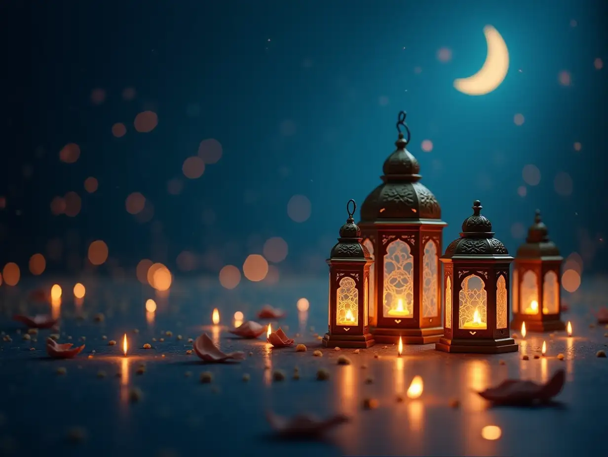 A charming and attractive color like the night blue with a golden light or background in various cool Ramadan tones. Glowing lanterns of Ramadan are scattered carelessly in it, with the crescent of Ramadan in the picture, a specific Ramadan spirit. A soft lighting effect around the characters clearly.